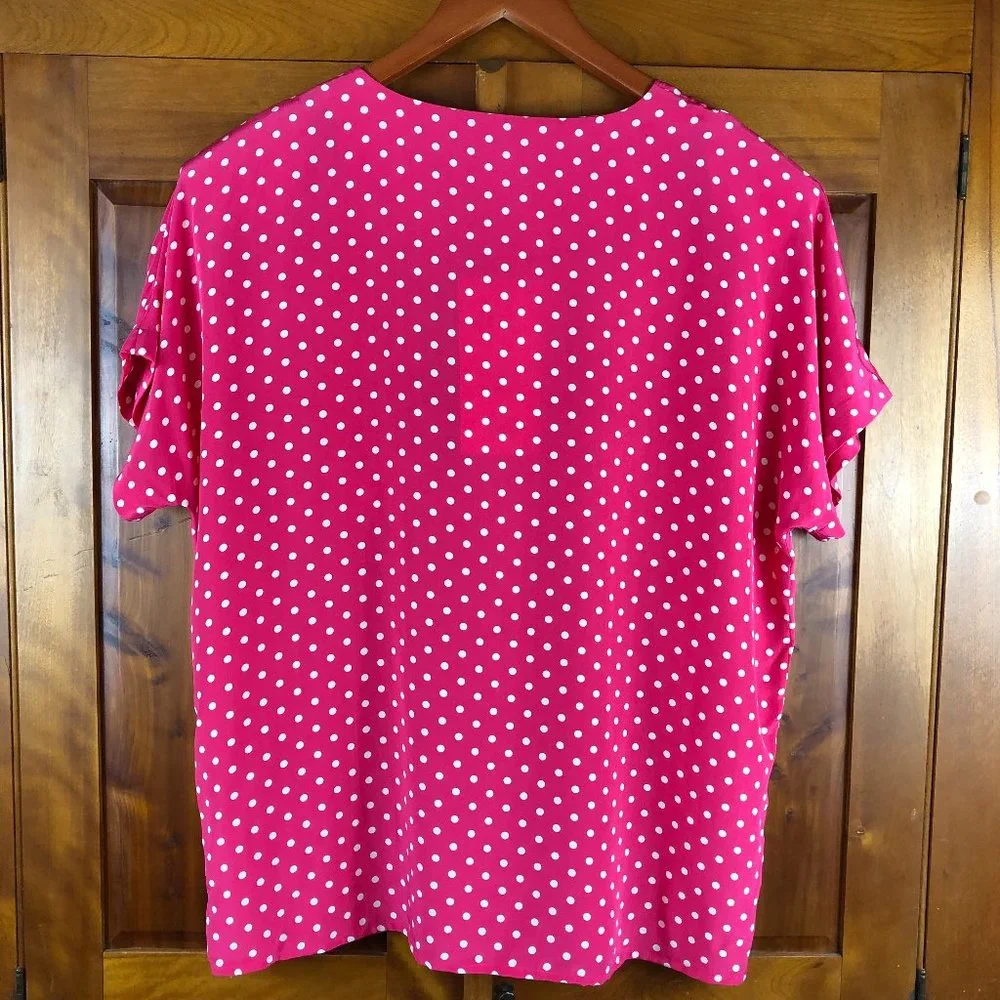 NEW Kathie Lee Vintage Silk Fushia Pink and White Polka Dot Short Sleeve Blouse - Picture 3 of 11